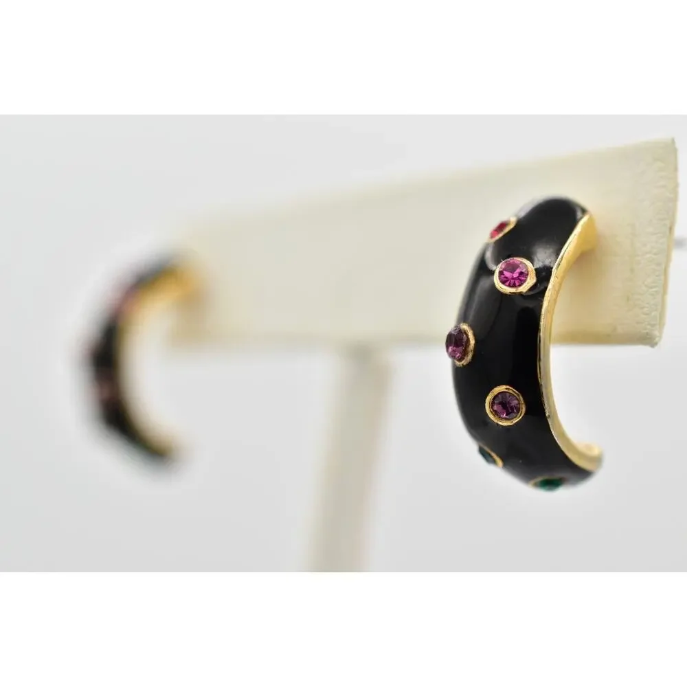 Vintage Dangle Crystal Hoop Earrings Black Enamel Multi-Color NOS 1980s 9L